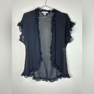 Linea Donatella Sheer Black Ruffle Trim Open Front Cover Up Top Size Medium